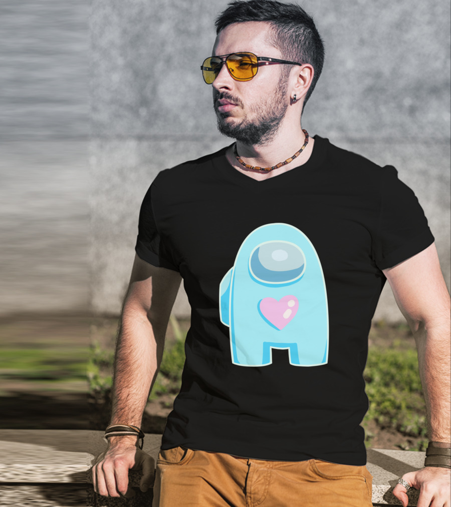 Blue Among Us Crewmate Pink Heart T-Shirt