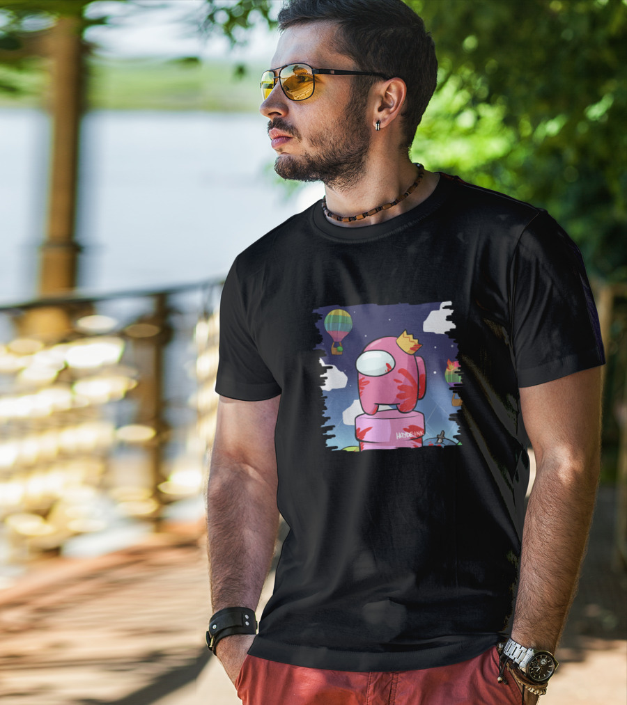 Haydeink Wrong Jelly Bean Among Us Crewmate With Crown Hot Air Balloon Sky Scene T-Shirt