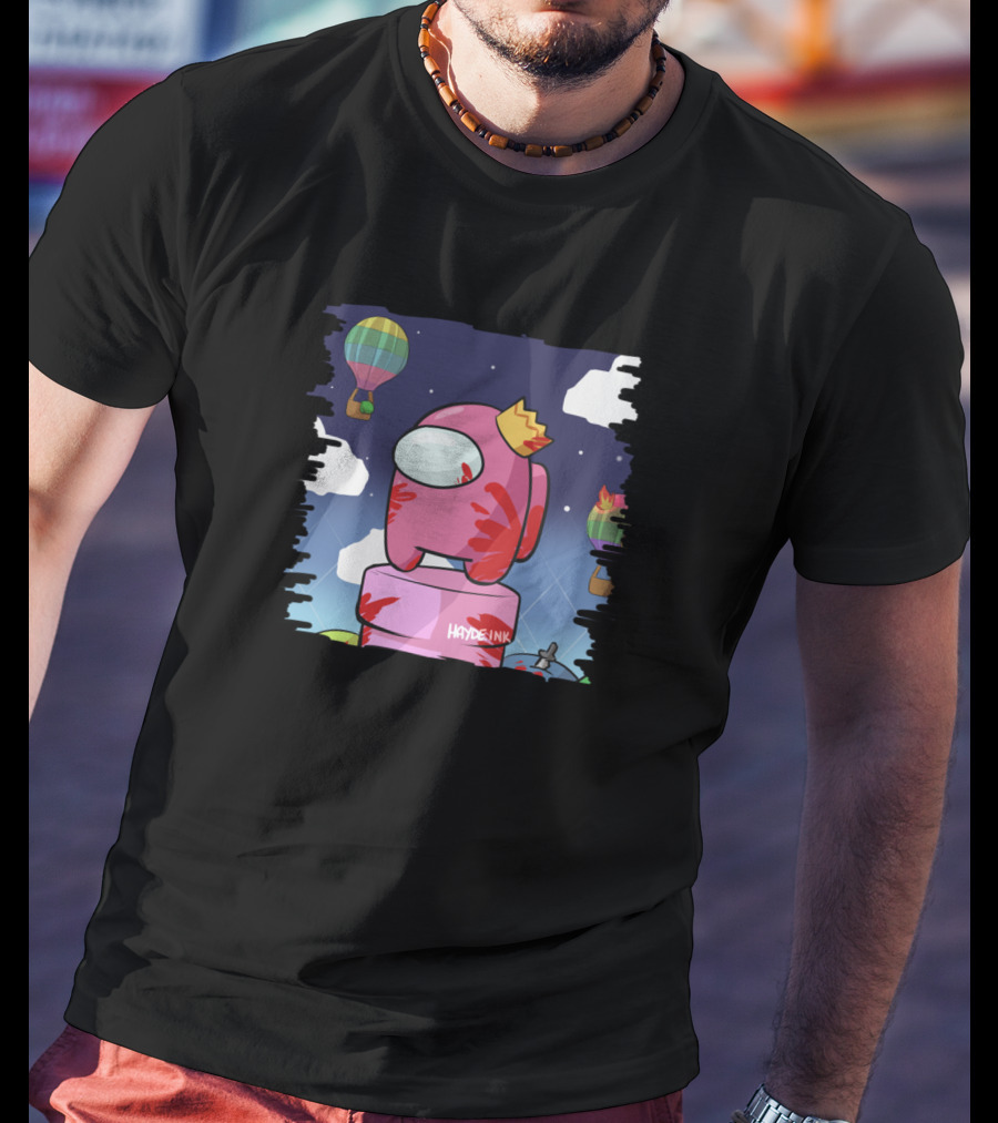 Haydeink Wrong Jelly Bean Among Us Crewmate With Crown Hot Air Balloon Sky Scene T-Shirt