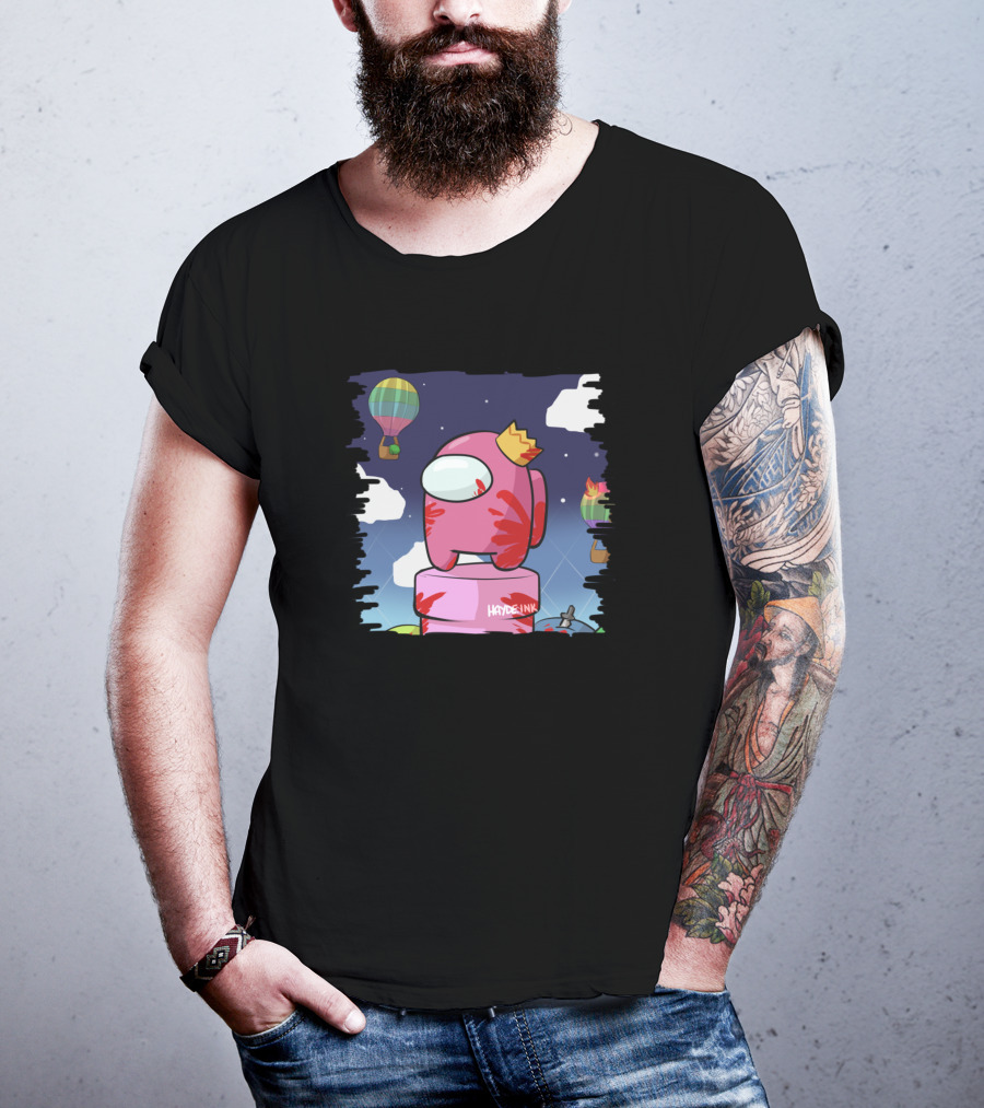 Haydeink Wrong Jelly Bean Among Us Crewmate With Crown Hot Air Balloon Sky Scene T-Shirt