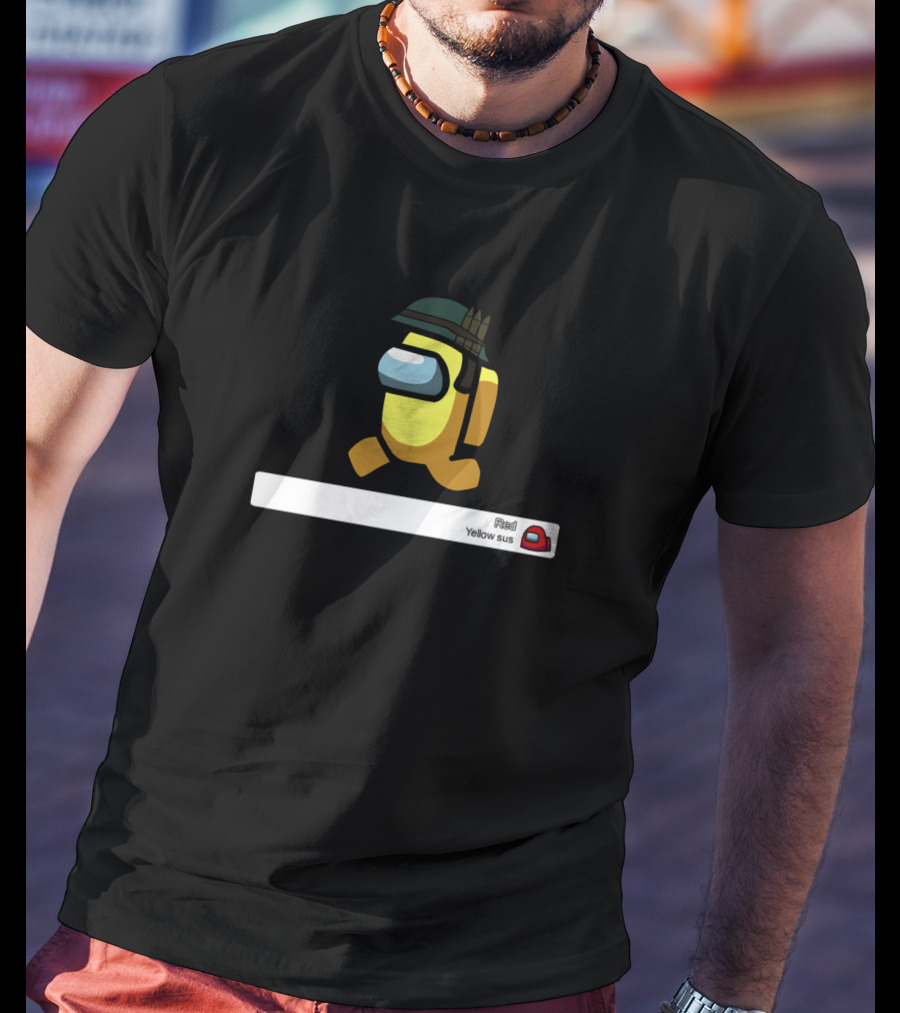Among Us Yellow Sus Game Character With Helmet And Chat Text T-Shirt