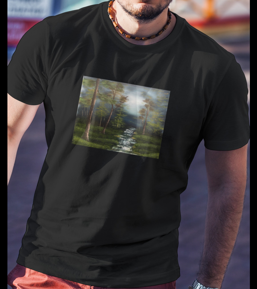 Dark Forest Creek Mysterious Woodland Stream Landscape Scene T-Shirt