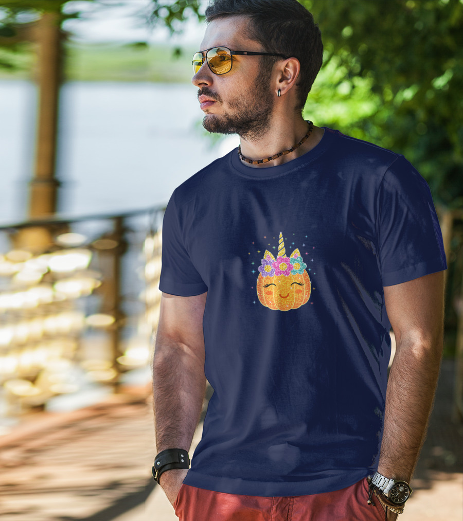 Cute Unicorn Pumpkin With Glittery Sparkling Flowers And Stars T-Shirt