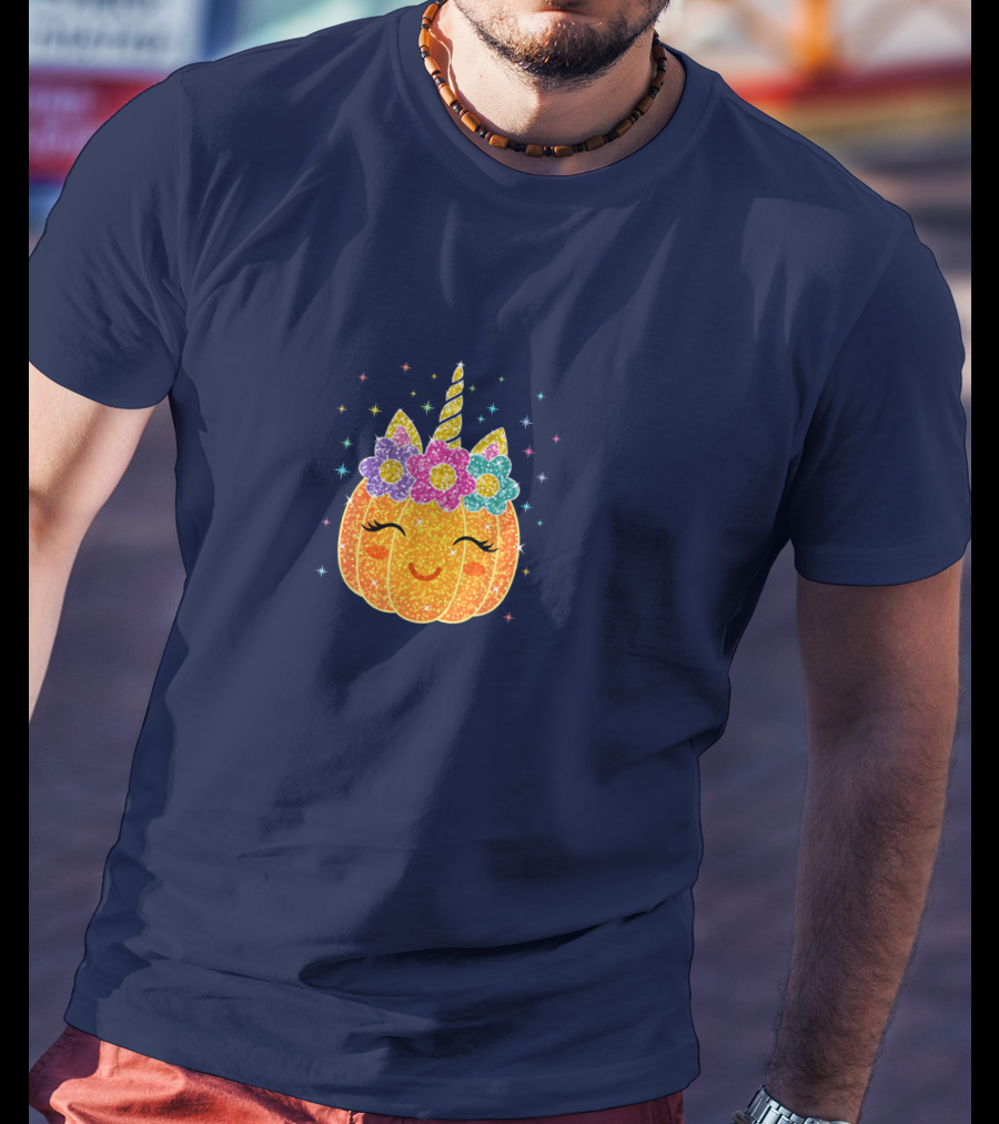 Cute Unicorn Pumpkin With Glittery Sparkling Flowers And Stars T-Shirt