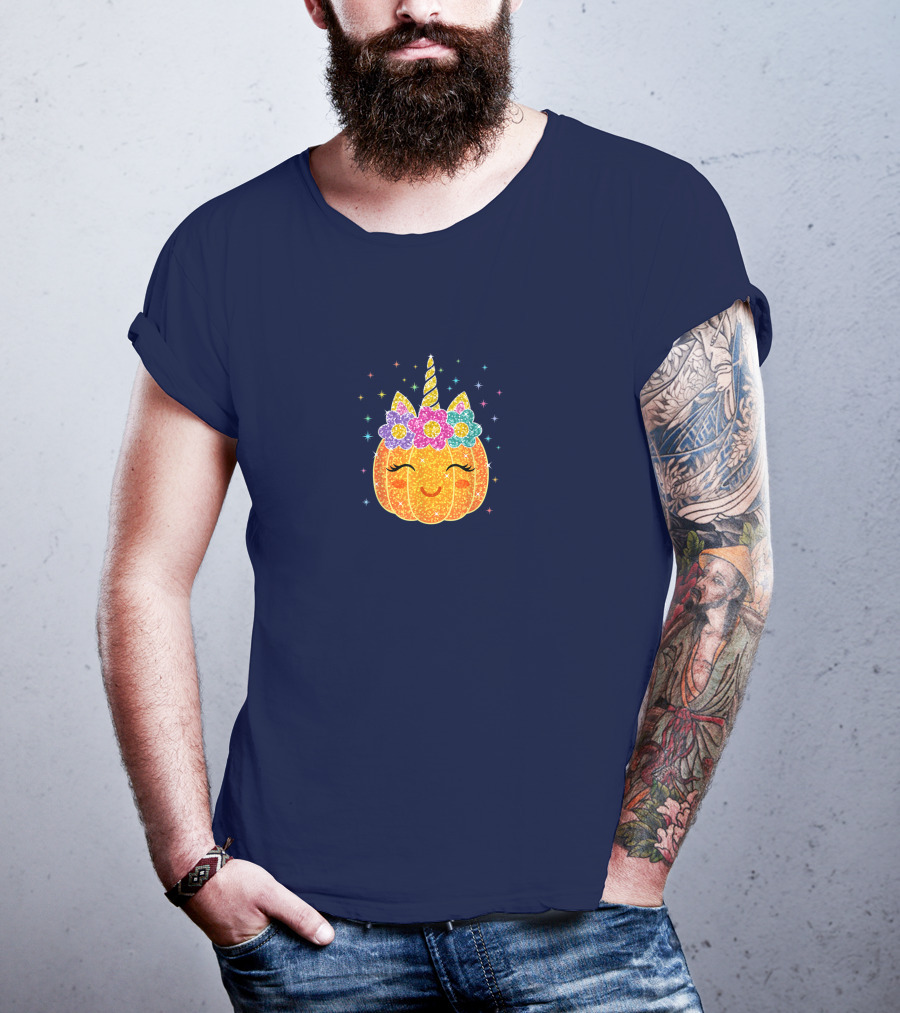 Cute Unicorn Pumpkin With Glittery Sparkling Flowers And Stars T-Shirt