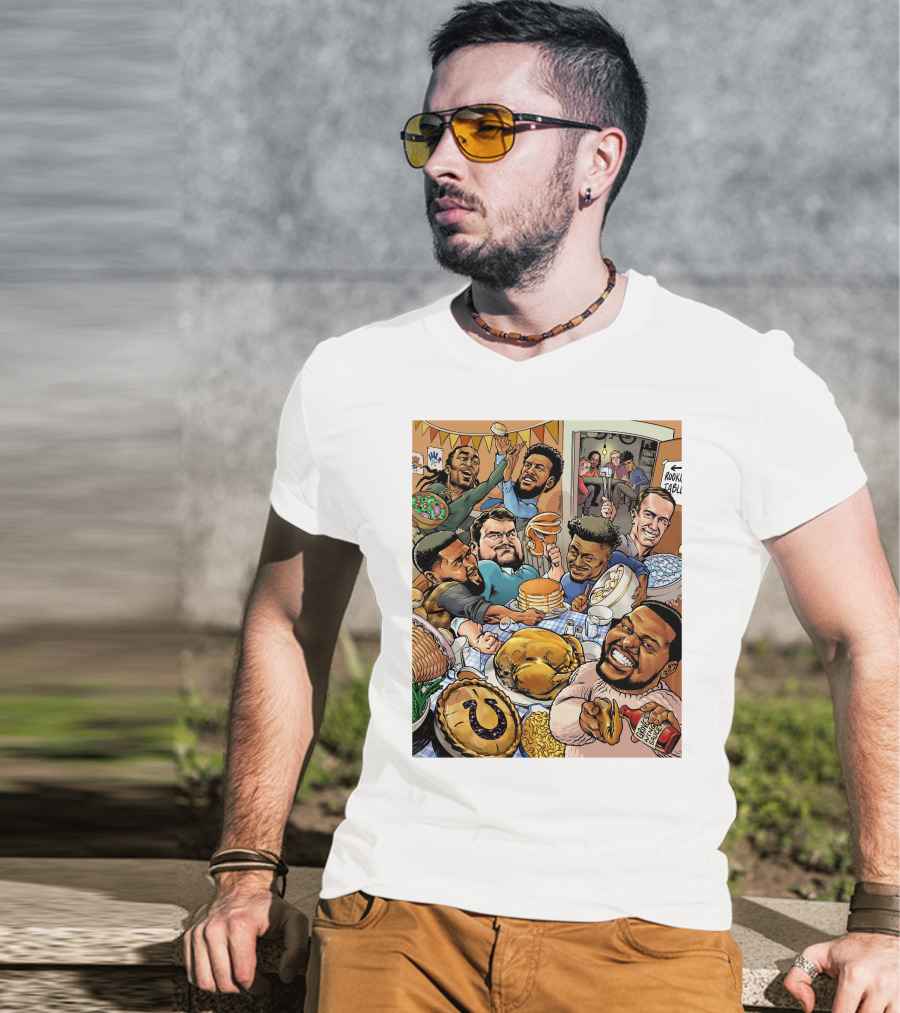 Indianapolis Colts Thanksgiving Feast Cartoon With NFL Players Celebrating T-Shirt