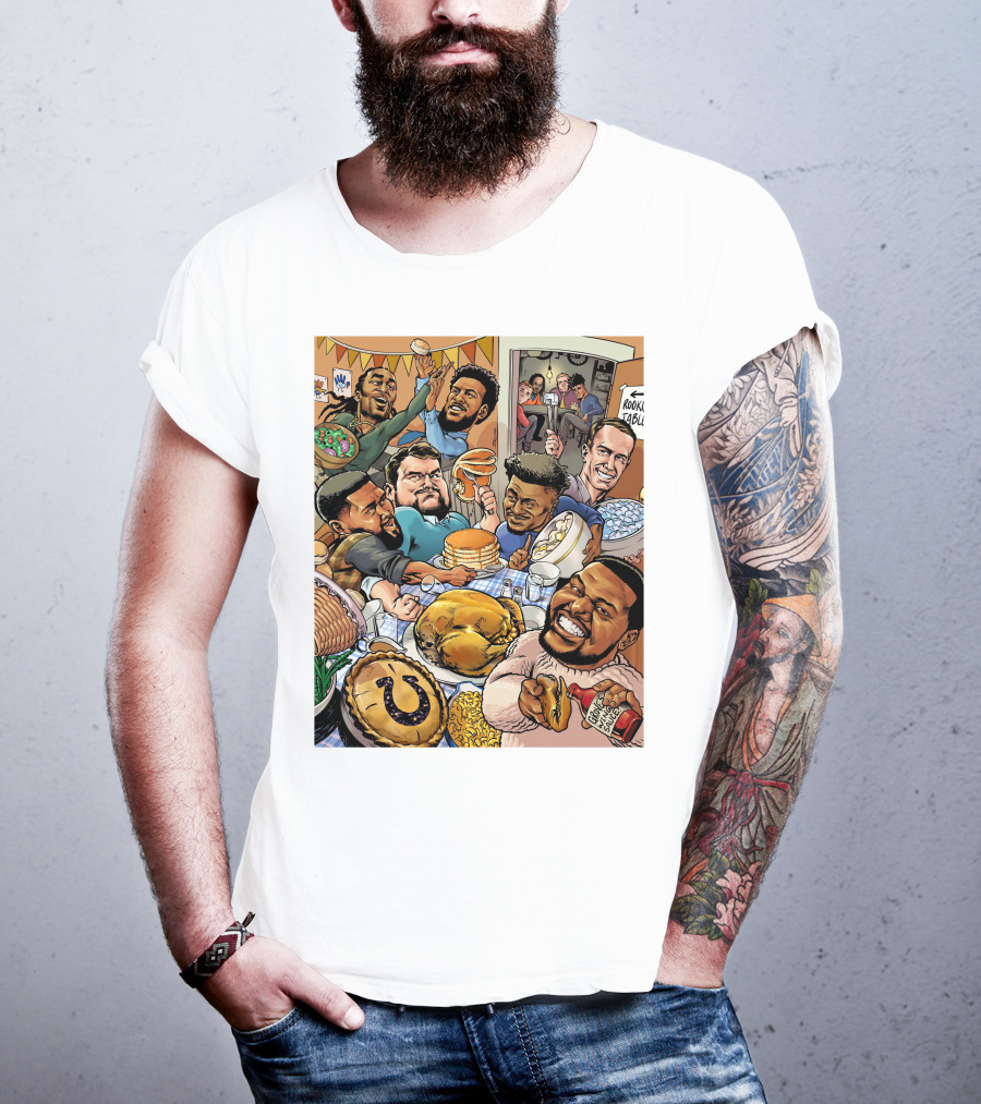 Indianapolis Colts Thanksgiving Feast Cartoon With NFL Players Celebrating T-Shirt