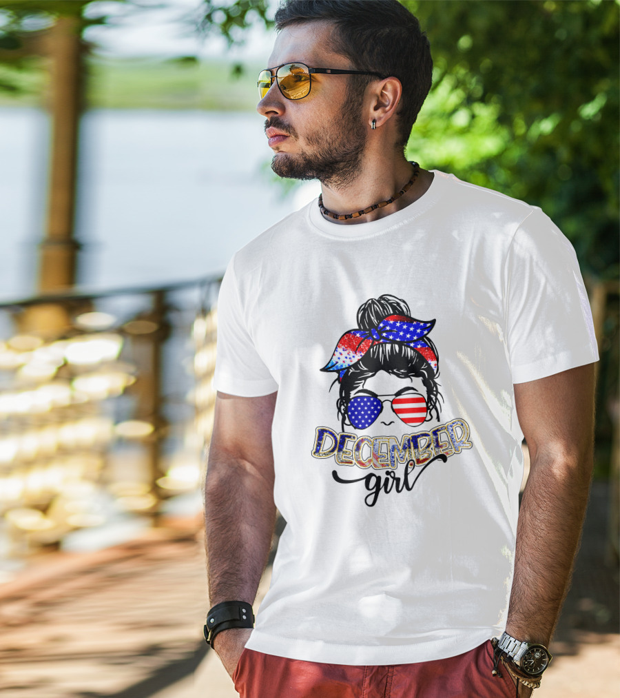 December Girl American Flag Bandana And Sunglasses T-Shirt