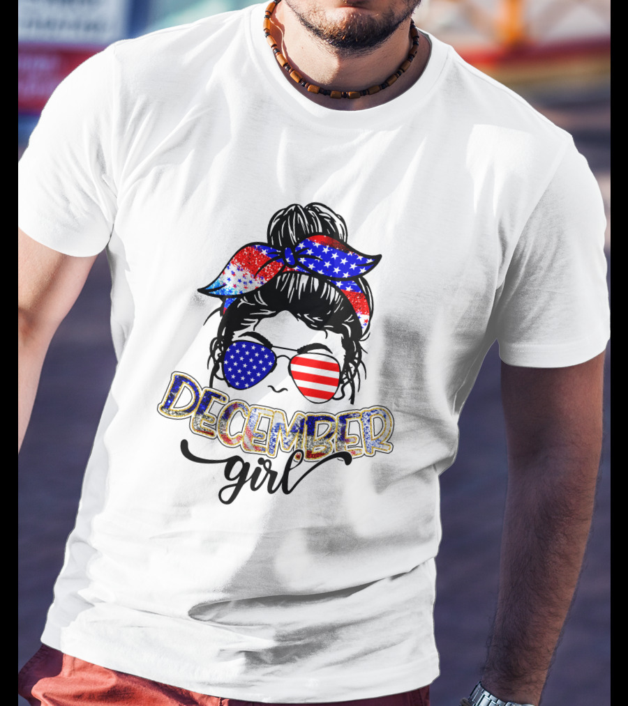 December Girl American Flag Bandana And Sunglasses T-Shirt