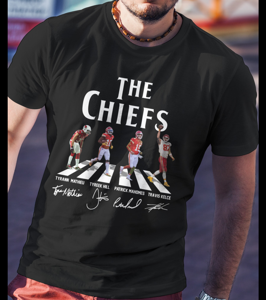 The Chiefs Tyrann Mathieu Tyreek Hill Patrick Mahomes Travis Kelce Signatures Football Abbey Road T-Shirt