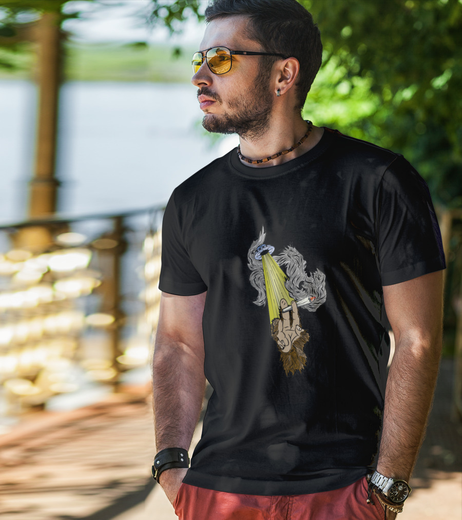 UFO Encounter With Sasquatch Smoking In Alien Light Beam T-Shirt