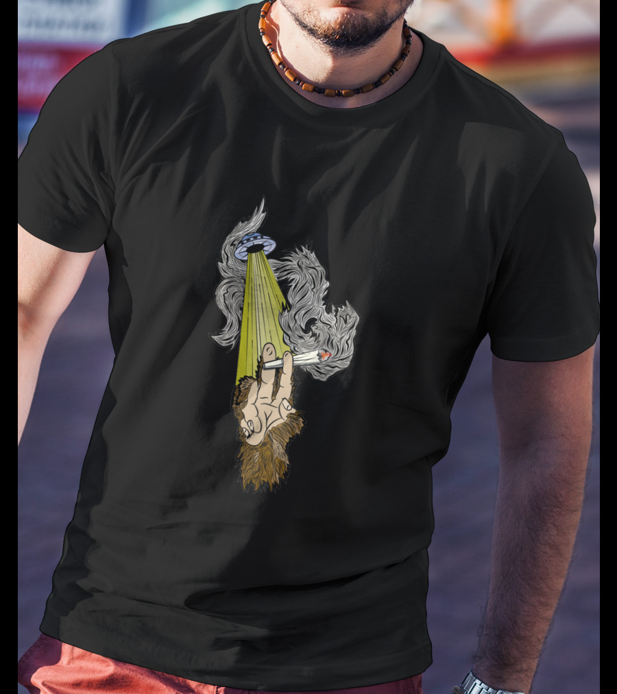 UFO Encounter With Sasquatch Smoking In Alien Light Beam T-Shirt
