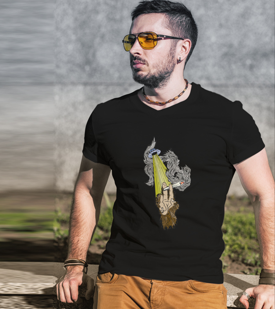 UFO Encounter With Sasquatch Smoking In Alien Light Beam T-Shirt