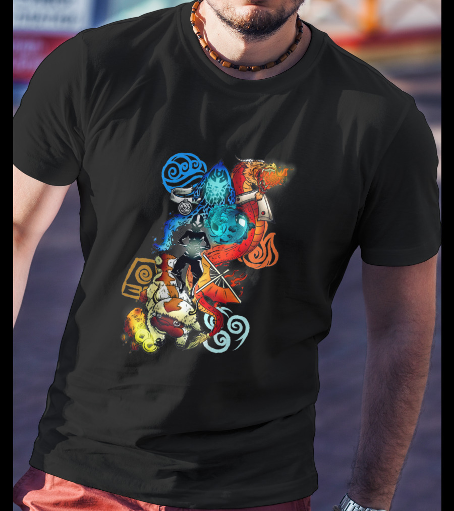 Avatar Bending Elements With Water, Earth, Fire, Air Symbols And Creatures 4828 T-Shirt