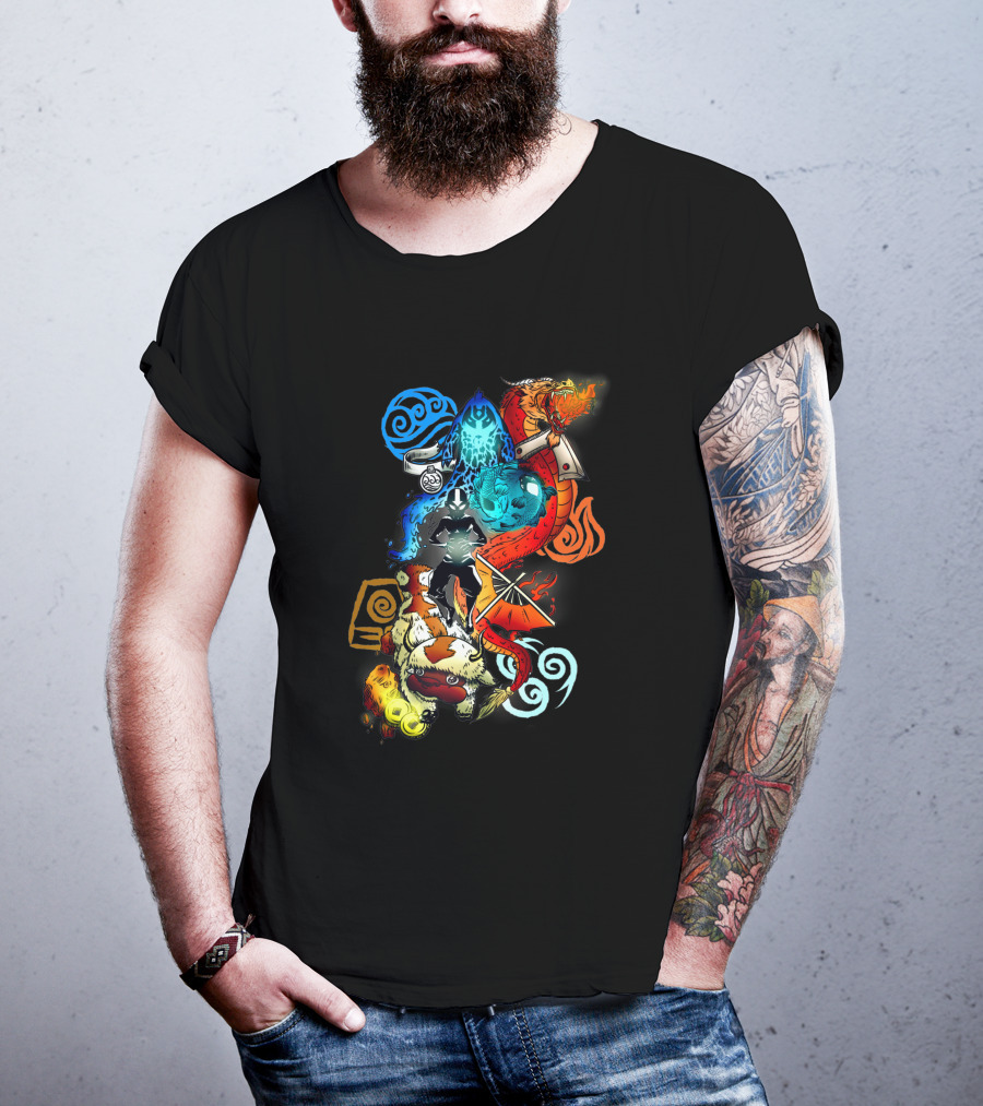 Avatar Bending Elements With Water, Earth, Fire, Air Symbols And Creatures 4828 T-Shirt