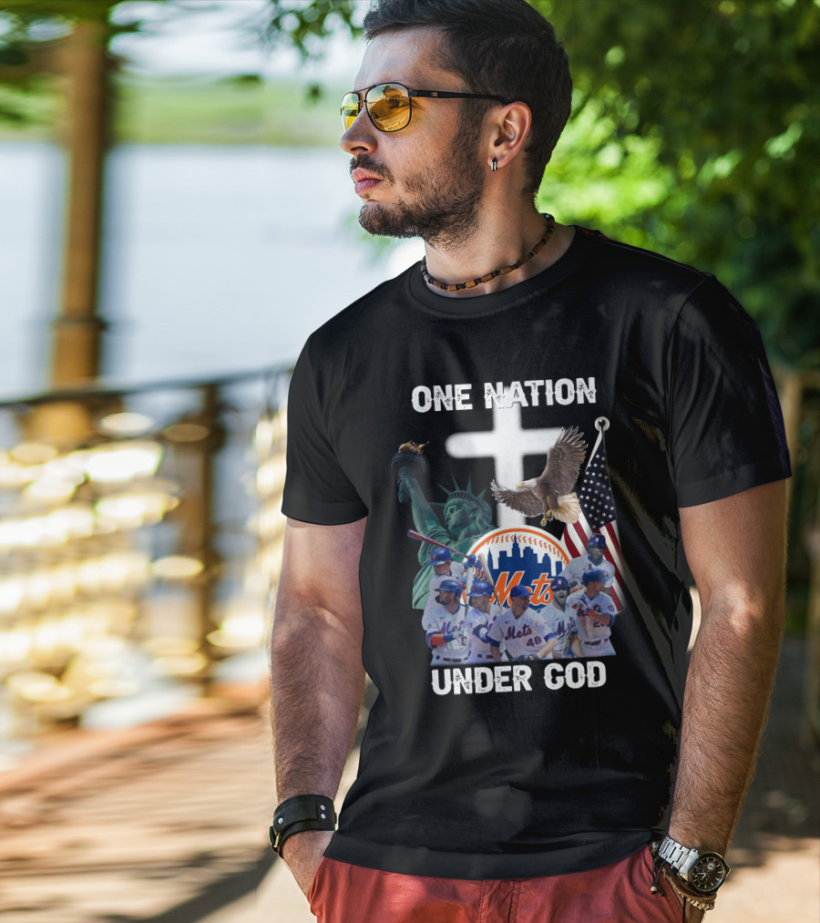 New York Mets One Nation Under God Liberty Eagle Flag Cross Baseball Players T-Shirt