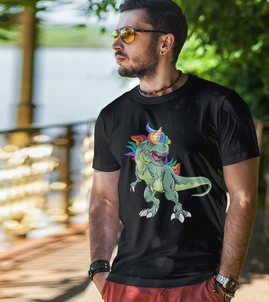 Unicorn Dinosaur Rex With Rainbow Mane And Horn T-Shirt