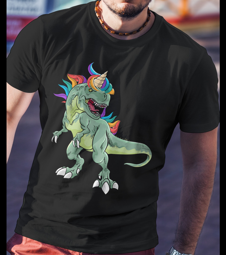 Unicorn Dinosaur Rex With Rainbow Mane And Horn T-Shirt