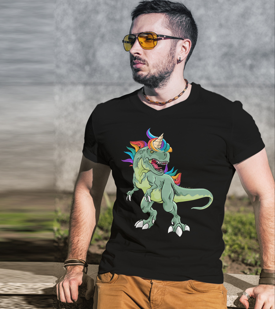 Unicorn Dinosaur Rex With Rainbow Mane And Horn T-Shirt