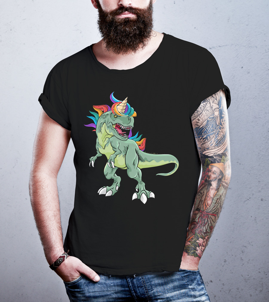 Unicorn Dinosaur Rex With Rainbow Mane And Horn T-Shirt