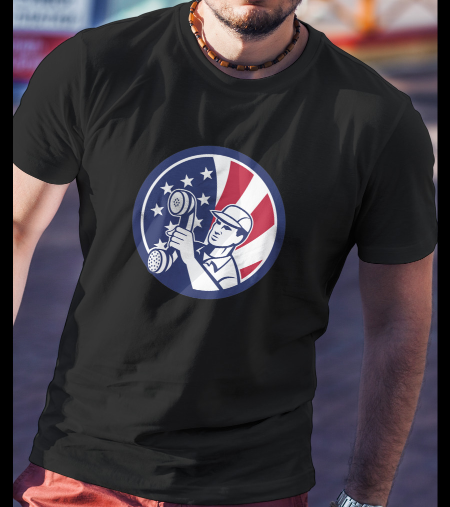 American Telephone Installation Repair Patriotic Worker Vintage Emblem T-Shirt