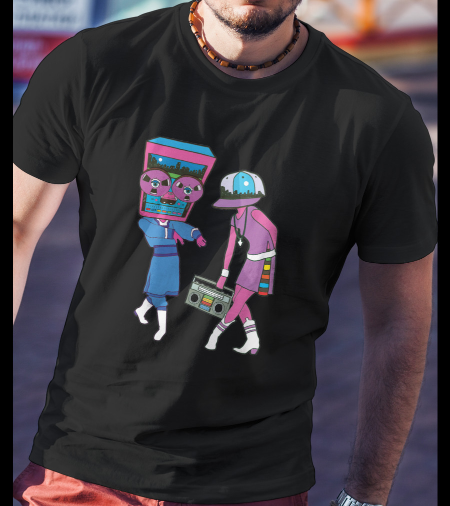 Around The Track 347 Retro Arcade Style Dancing Figures And Boombox T-Shirt