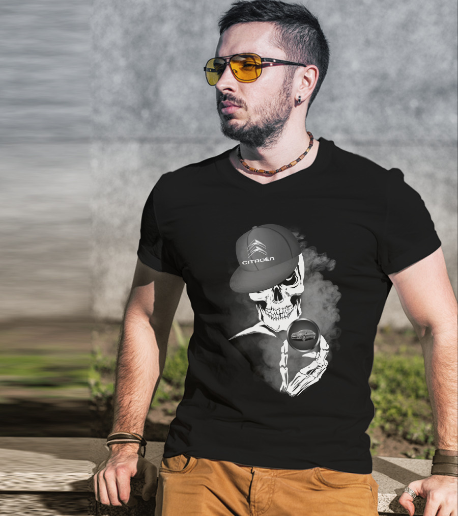 Citroen C Elysee Skull With Hat And Car Image In Smoke T-Shirt
