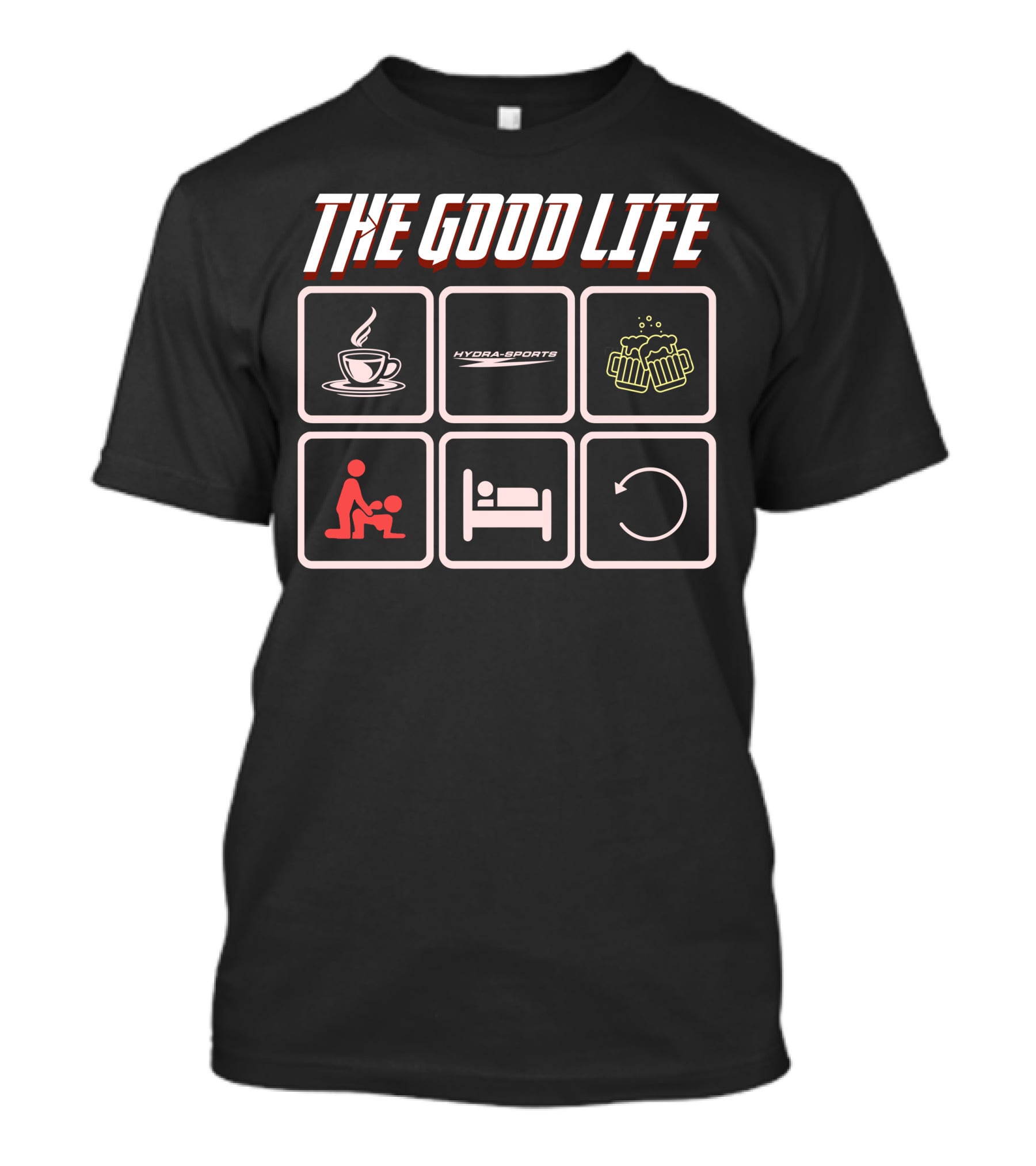 The Good Life Hydra-Sports Coffee Beer Cycle Icons T-Shirt
