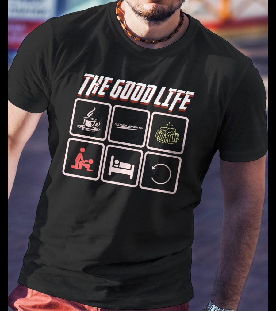 The Good Life Hydra-Sports Coffee Beer Cycle Icons T-Shirt