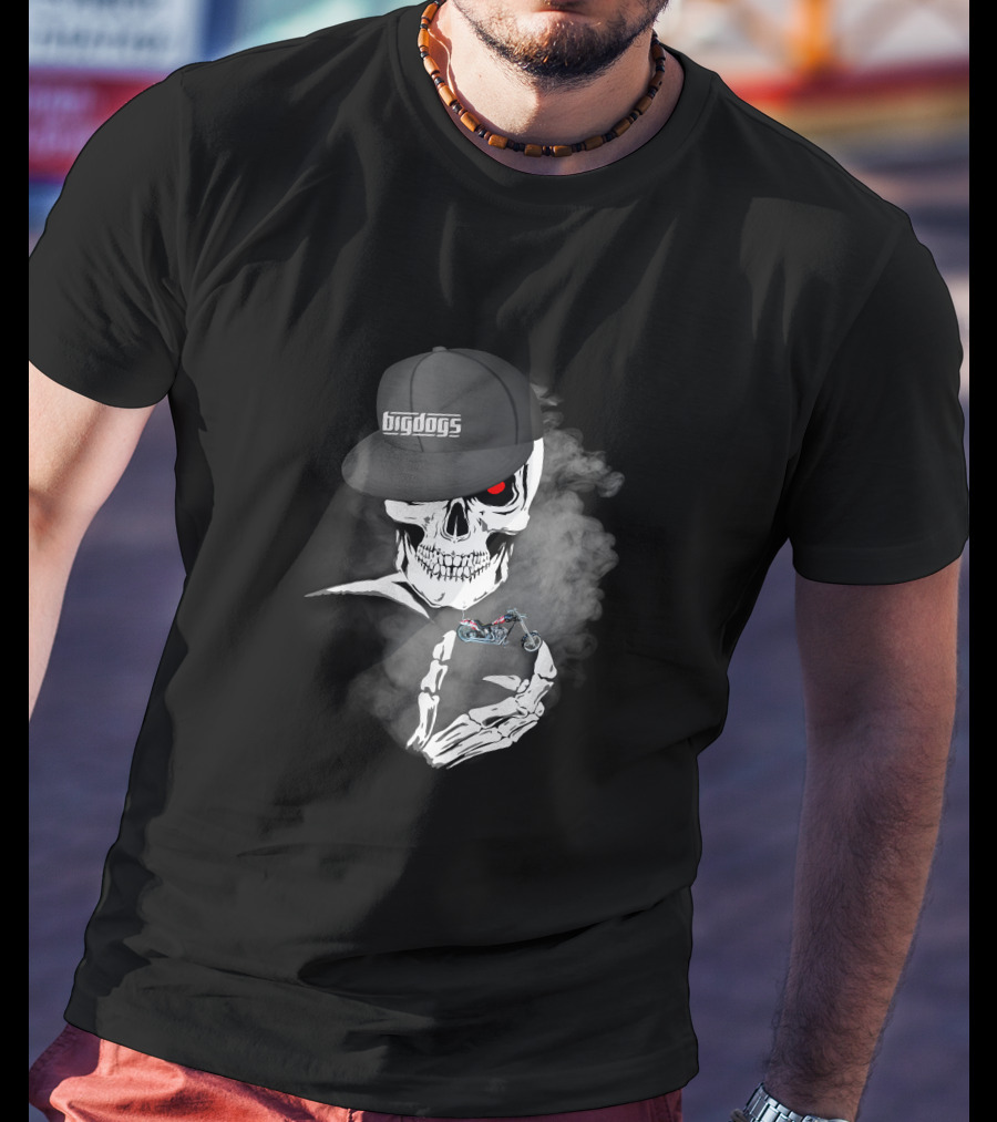 Big Dogs Motorcycle Riders Skull With Hat And Smoke Motif T-Shirt