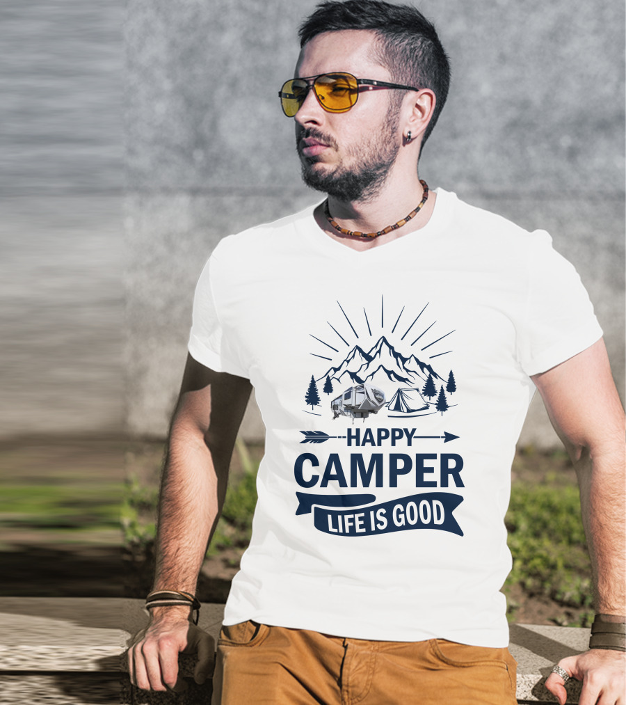 Happy Camper Life Is Good Mountain Adventure T-Shirt