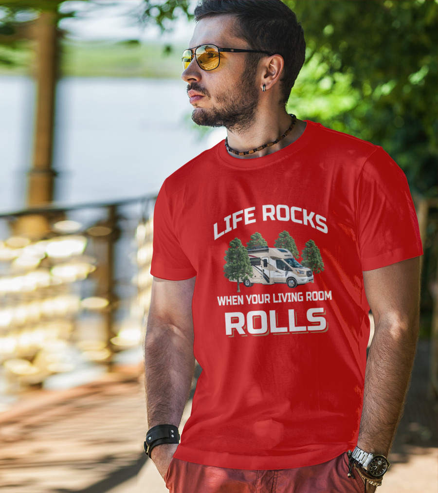 LIFE ROCKS WHEN YOUR LIVING ROOM ROLLS Gemini RV Camper Adventure T-Shirt