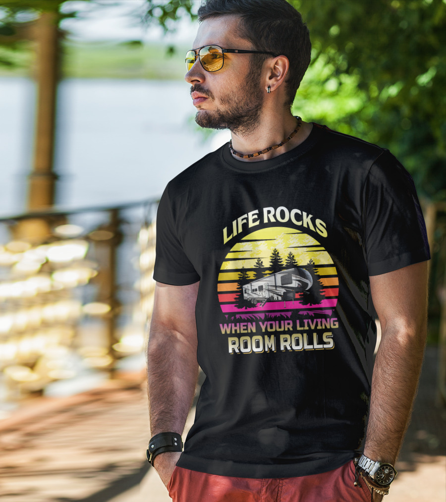 LIFE ROCKS WHEN YOUR LIVING ROOM ROLLS Heartland Torque 3 Sunset Camper Forest T-Shirt