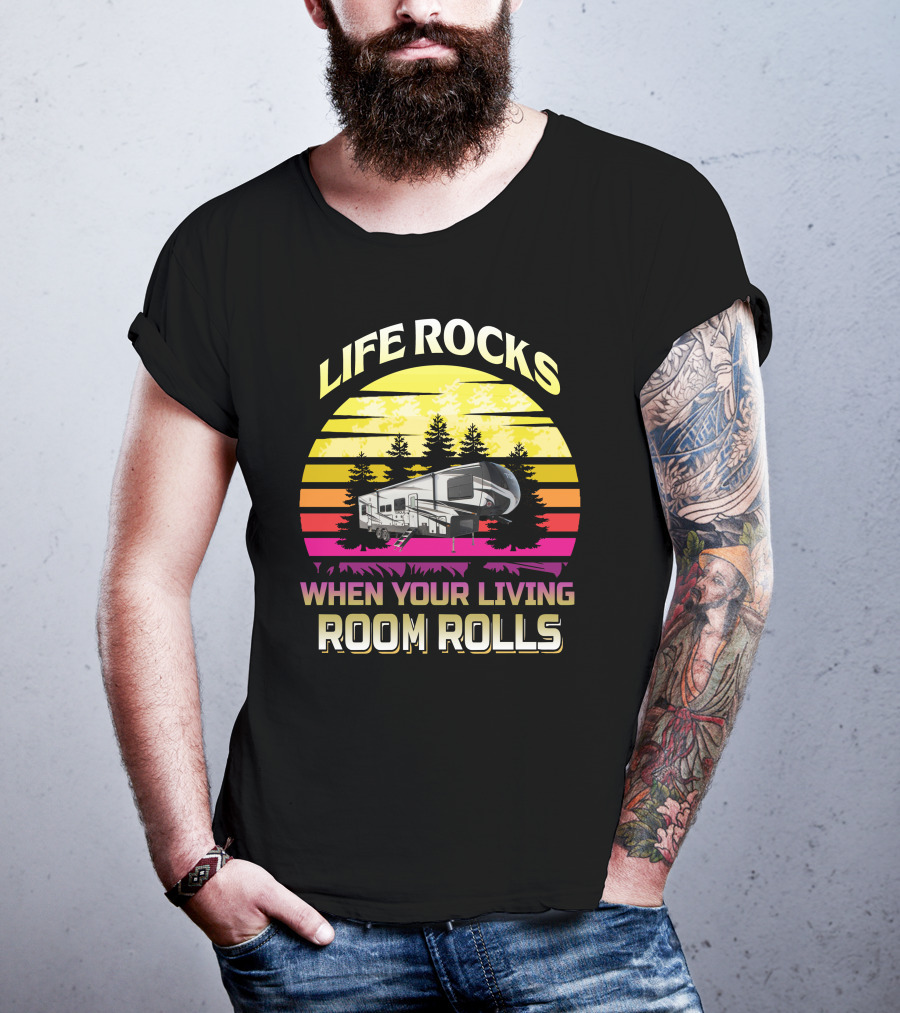 LIFE ROCKS WHEN YOUR LIVING ROOM ROLLS Heartland Torque 3 Sunset Camper Forest T-Shirt