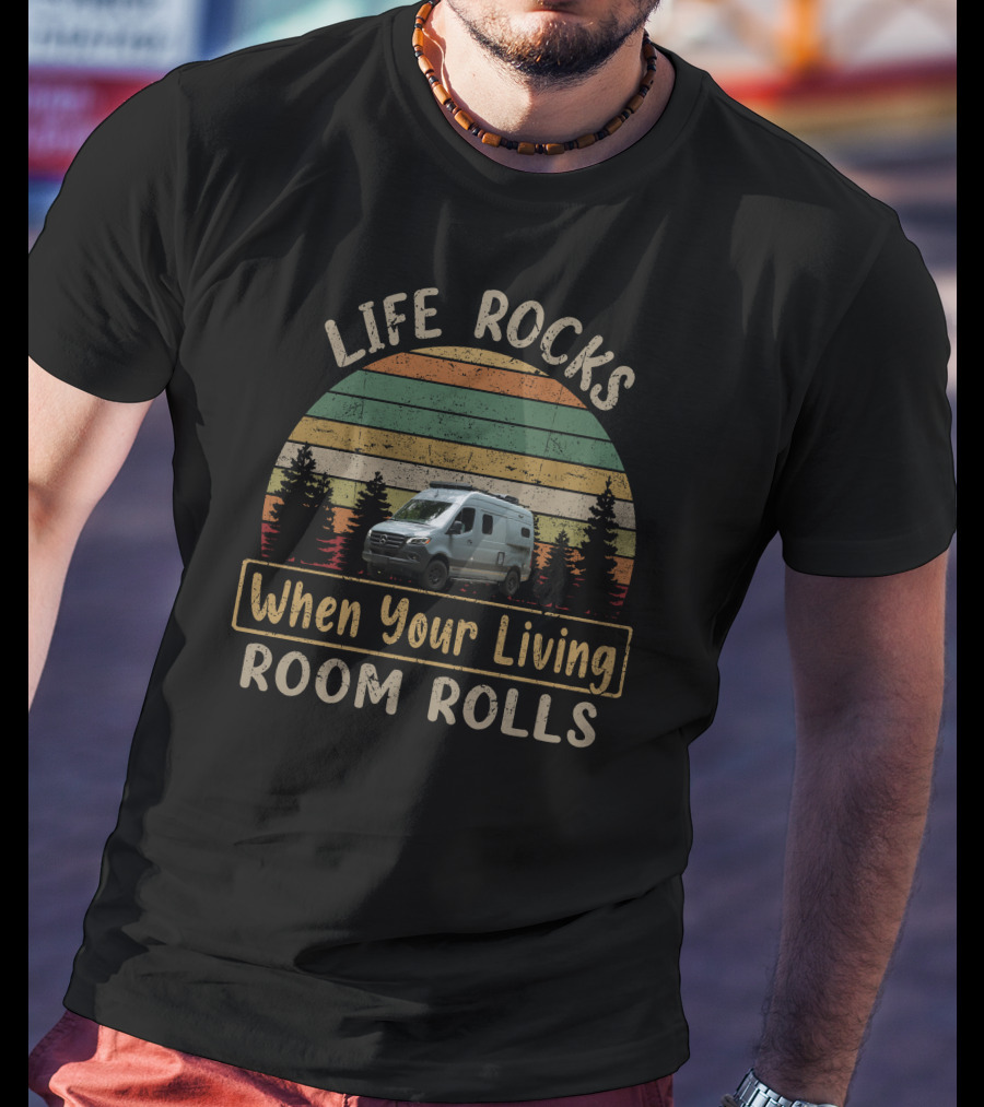 Life Rocks When Your Living Room Rolls Winnebago Revel Vintage Campervan Forest Stripes T-Shirt