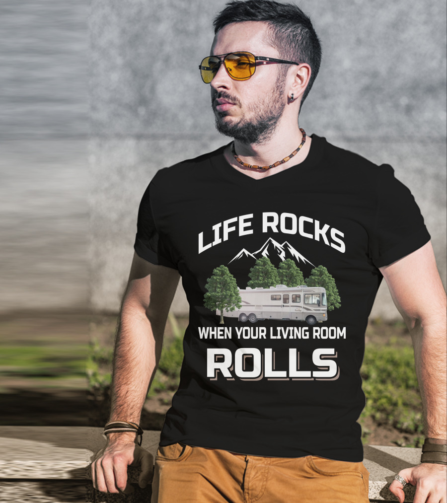 Life Rocks When Your Living Room Rolls 1997 Fleetwood Bounder 34v Mountain Adventure T-Shirt