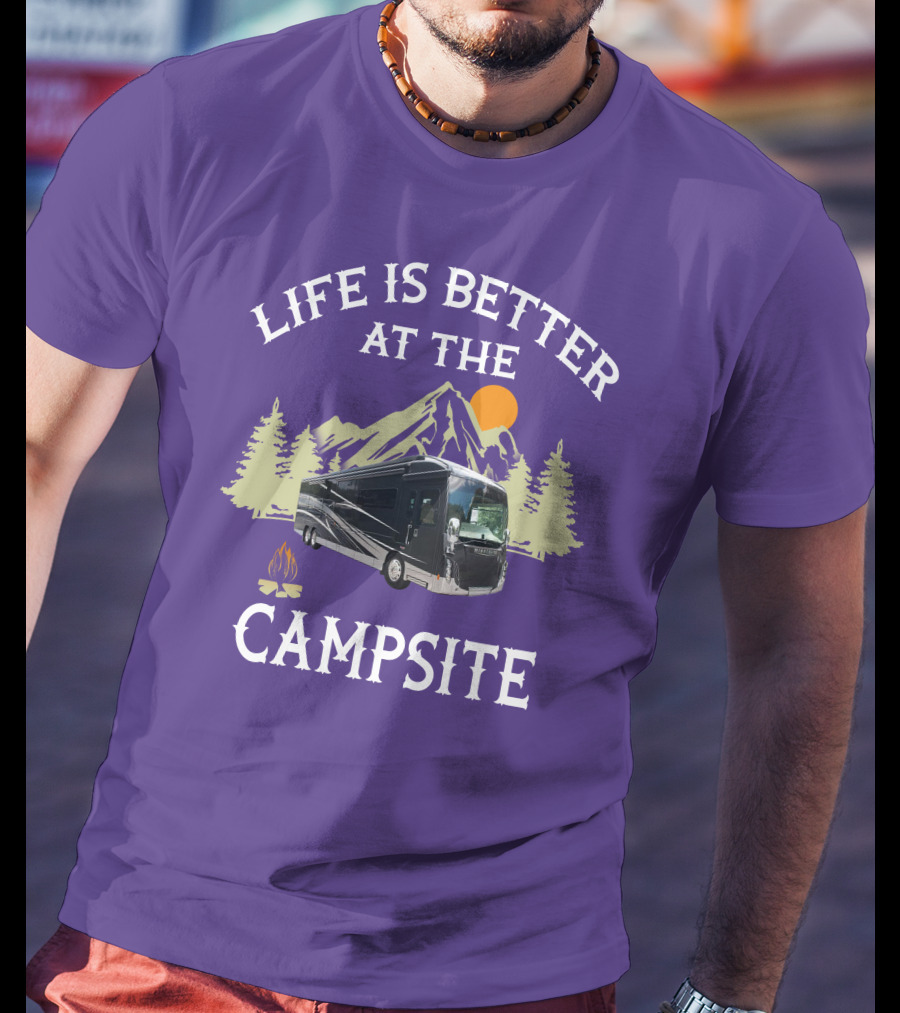 Life Is Better At The Campsite Winnebago 42QL Mountain Sunset Campfire T-Shirt