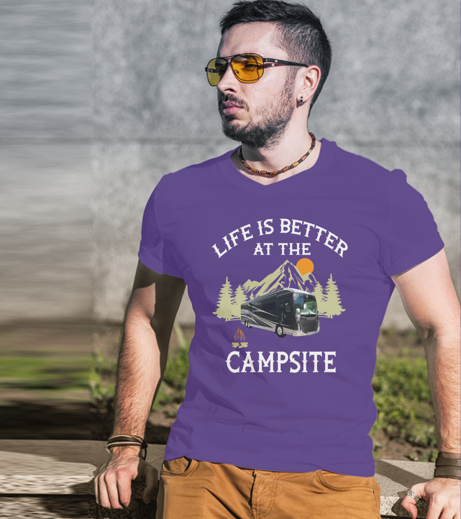 Life Is Better At The Campsite Winnebago 42QL Mountain Sunset Campfire T-Shirt