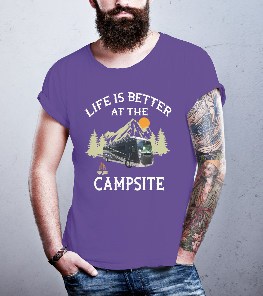 Life Is Better At The Campsite Winnebago 42QL Mountain Sunset Campfire T-Shirt
