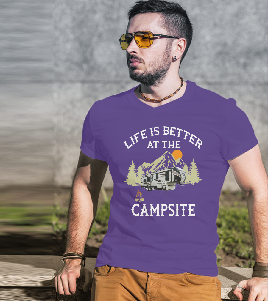 Life Is Better At The Campsite Bighorn Traveler Camper Mountains Trees Sun Campfire T-Shirt