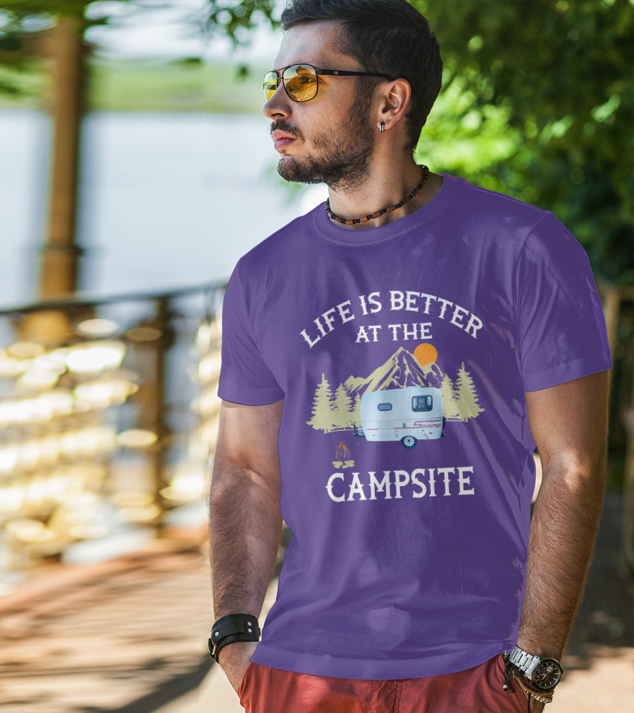 Life Is Better At The Campsite Scamp Small Travel Trailers Mountain Sunset T-Shirt