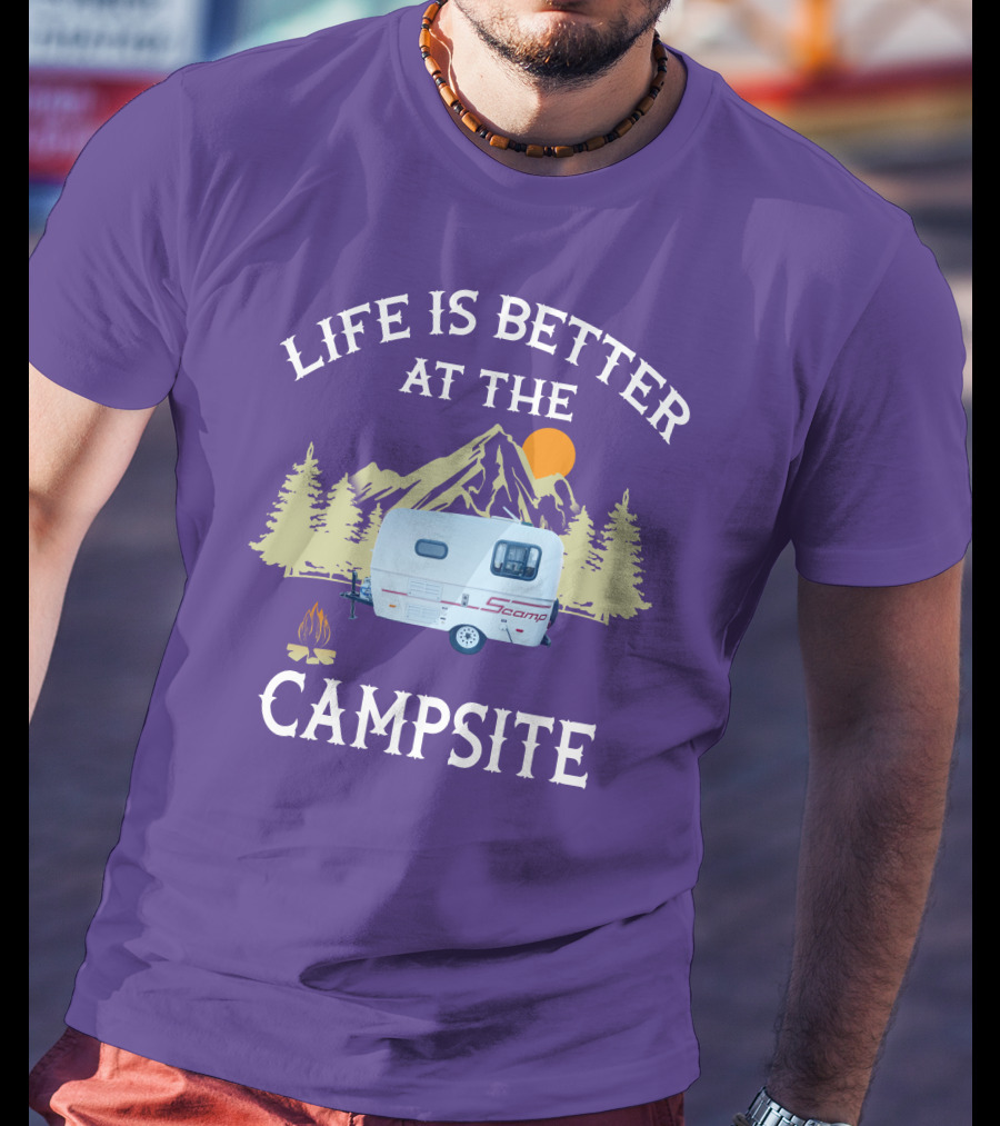 Life Is Better At The Campsite Scamp Small Travel Trailers Mountain Sunset T-Shirt