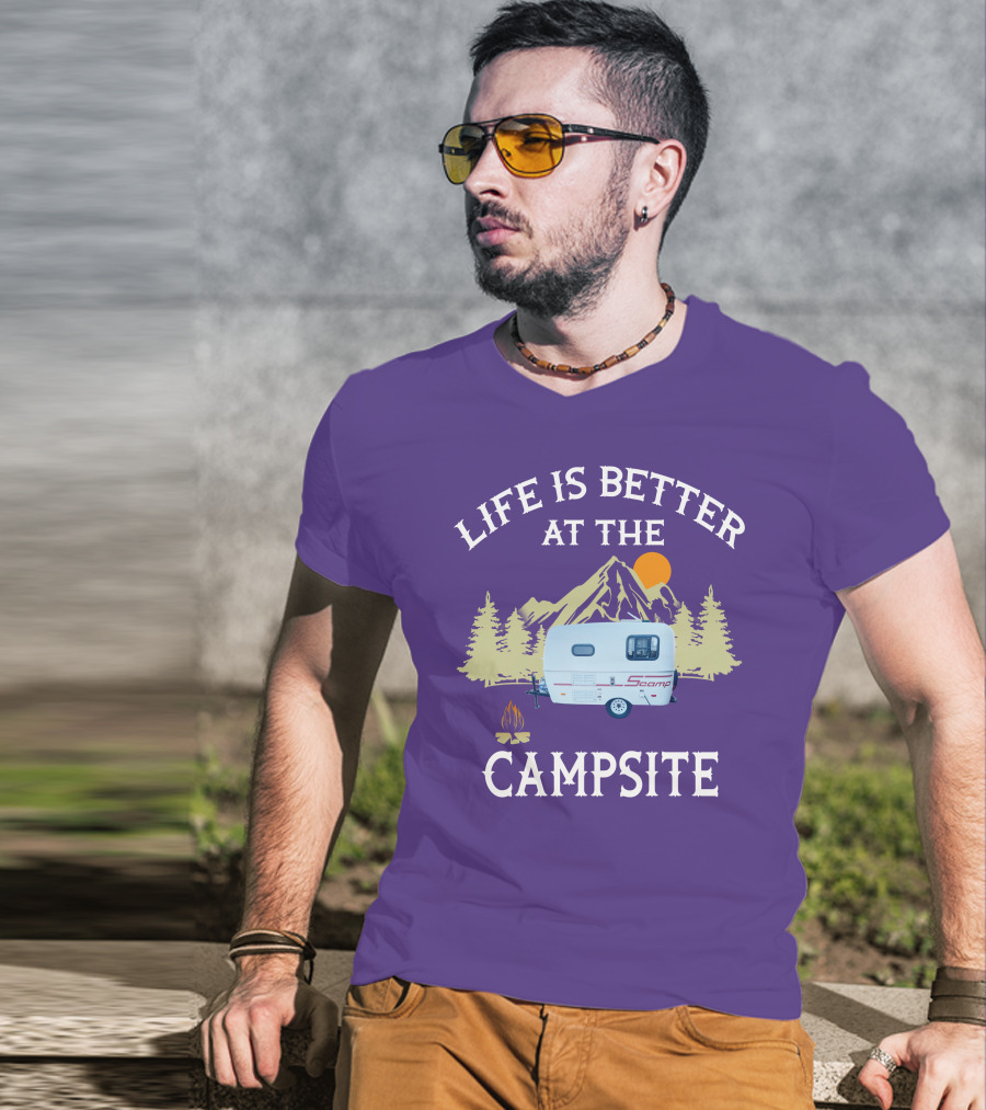 Life Is Better At The Campsite Scamp Small Travel Trailers Mountain Sunset T-Shirt
