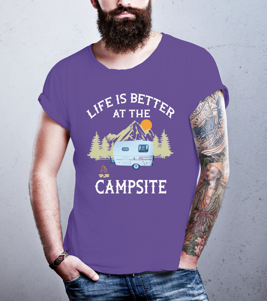 Life Is Better At The Campsite Scamp Small Travel Trailers Mountain Sunset T-Shirt