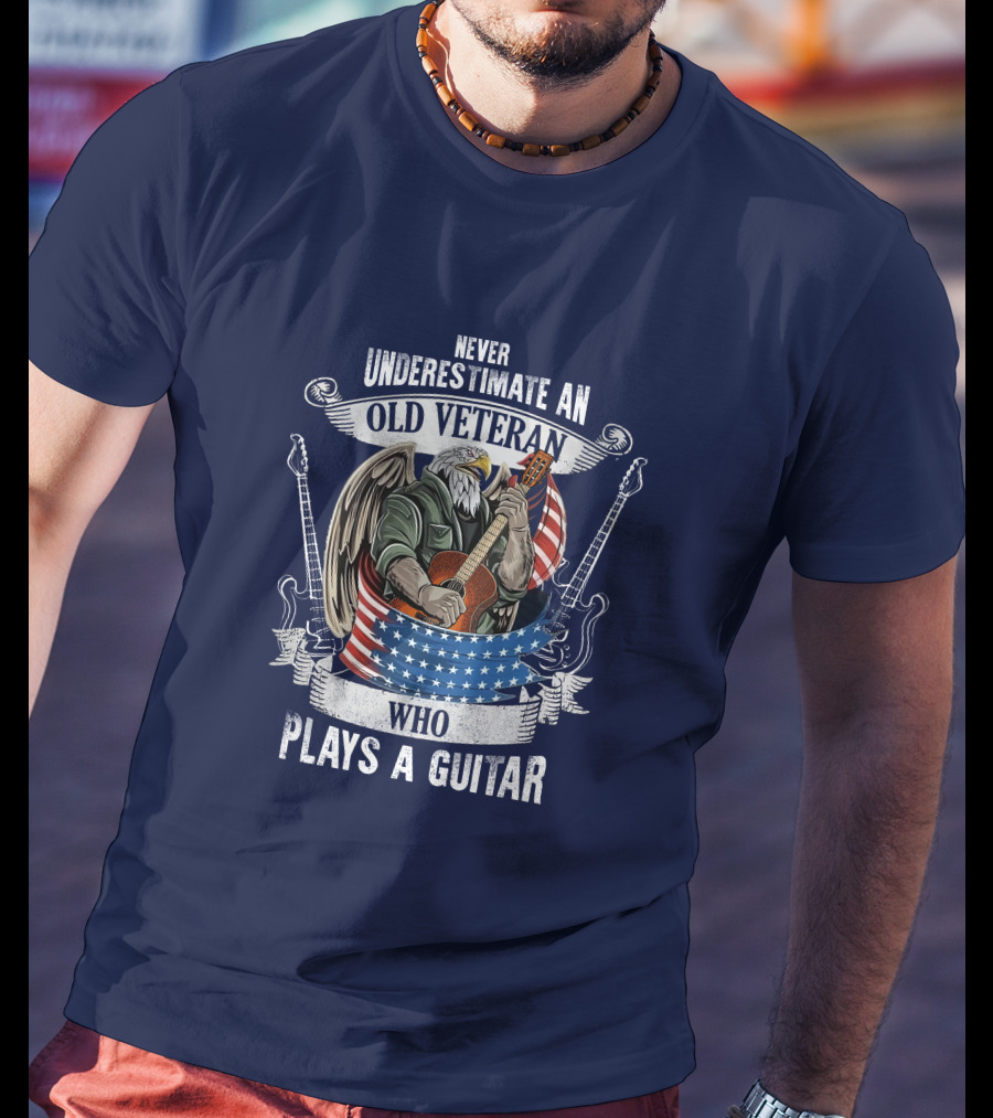 Never Underestimate An Old Veteran Who Plays A Guitar Eagle USA Flag T-Shirt