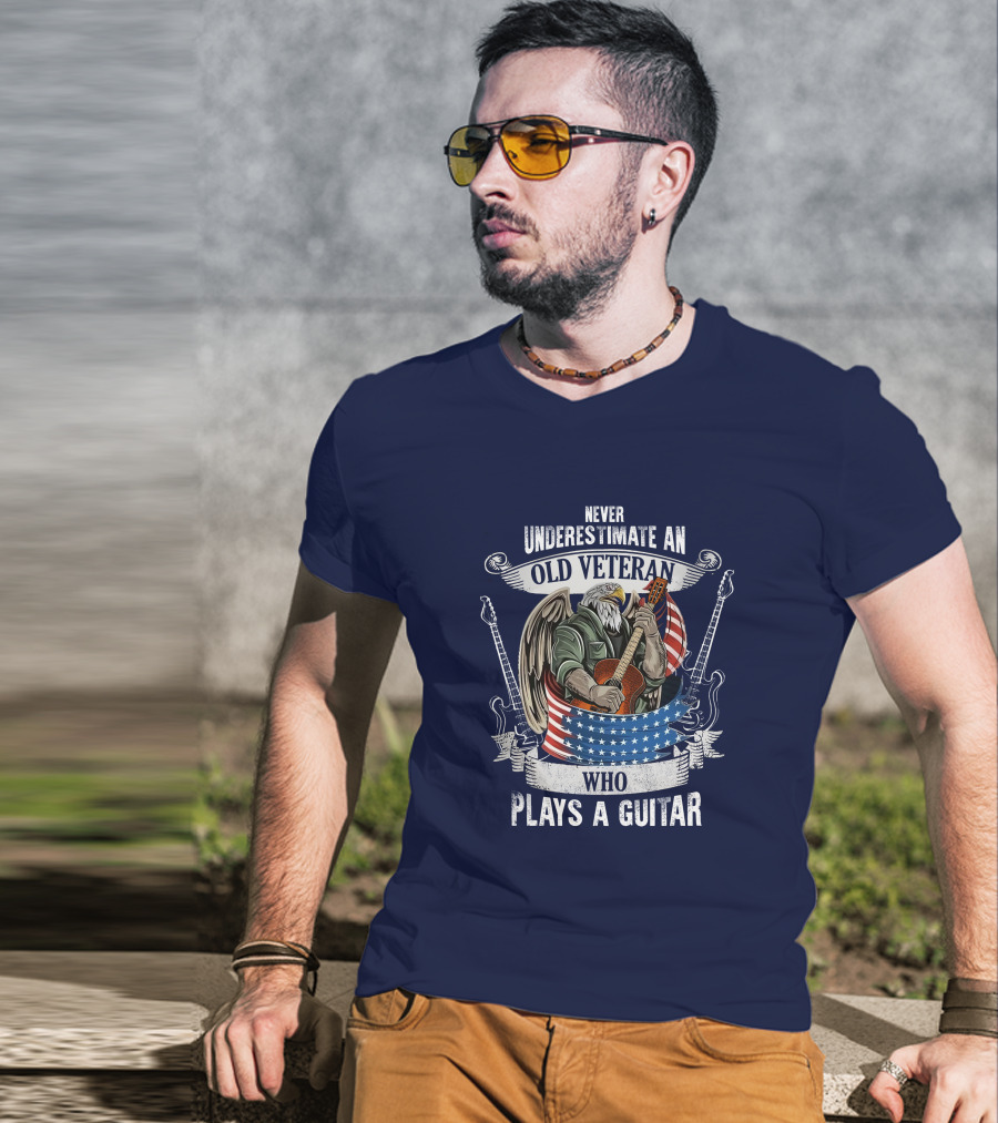 Never Underestimate An Old Veteran Who Plays A Guitar Eagle USA Flag T-Shirt