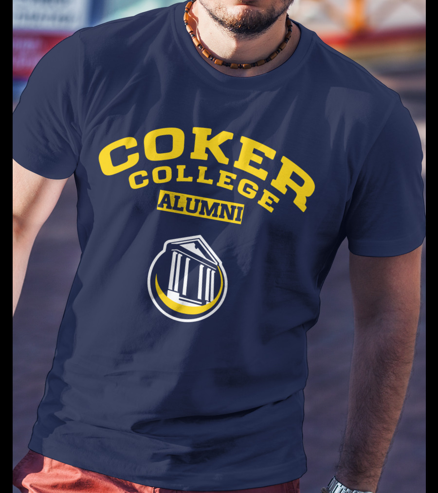 Coker College Alumni Yellow And Navy Blue Text With Greek Temple T-Shirt