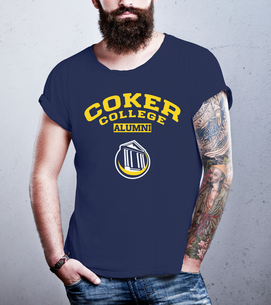Coker College Alumni Yellow And Navy Blue Text With Greek Temple T-Shirt