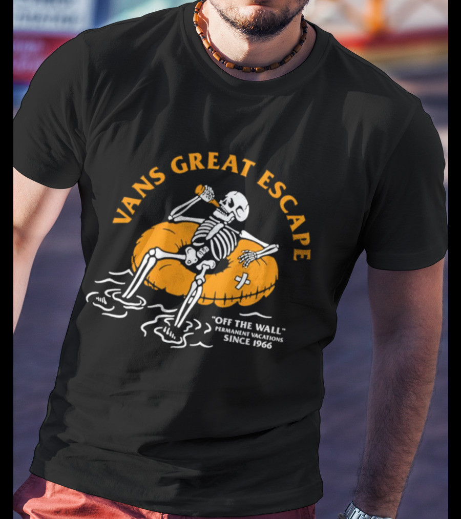 Vans Great Escape Off The Wall Permanent Vacations Since 1966 Skeleton On Inflatable Tube T-Shirt