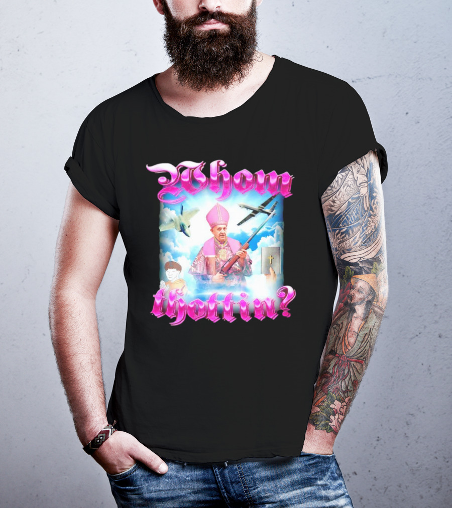 Whom Thottin Priest Holding Rifle With Airplanes And Clouds T-Shirt